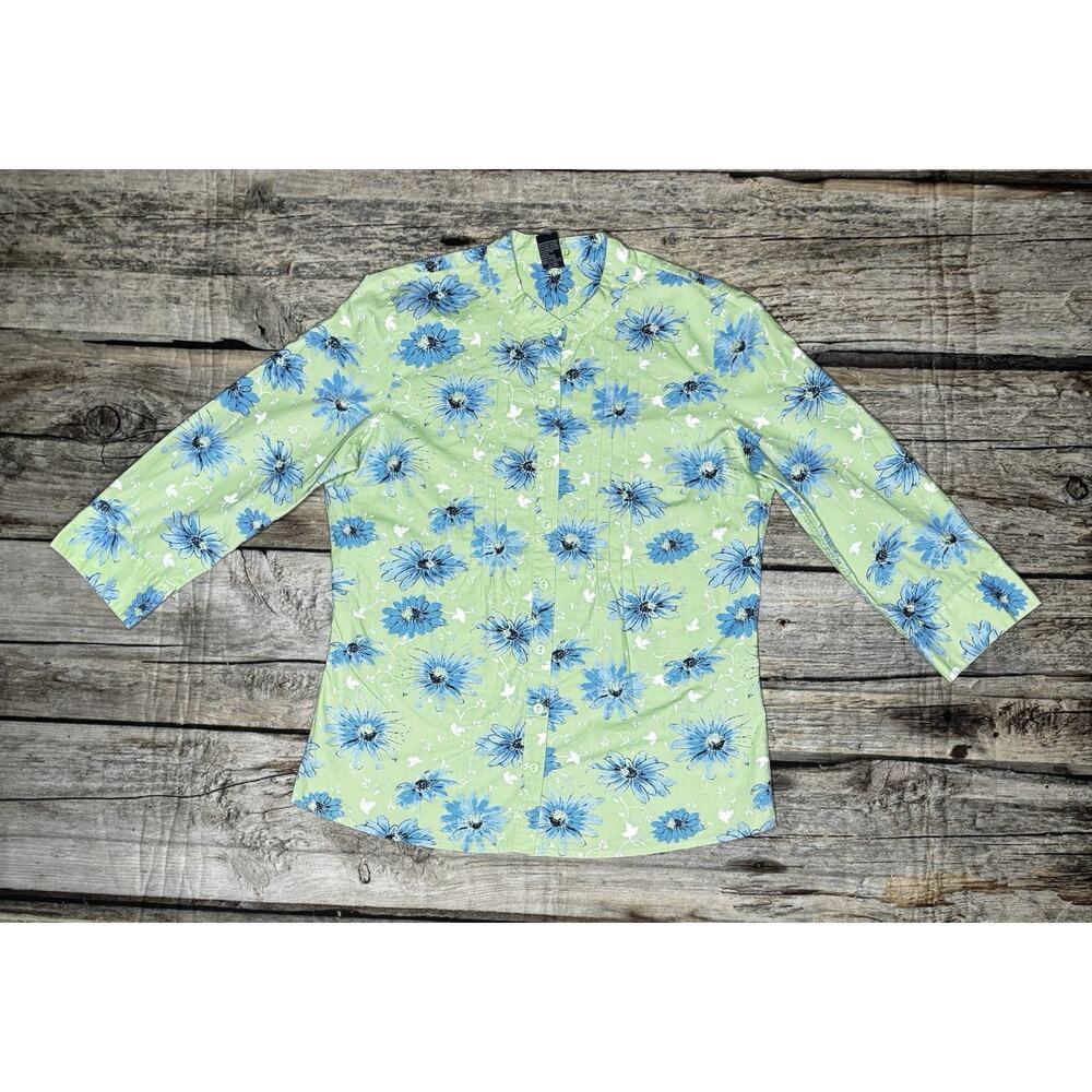 IZOD Womens Small Floral Button Up Shirt Green Blue Daisy Casual Top